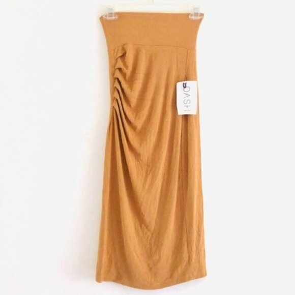 DeLaHooke Dress S NWT Bodycon Pleat Tan Bamboo Kardashian - Picture 1 of 9